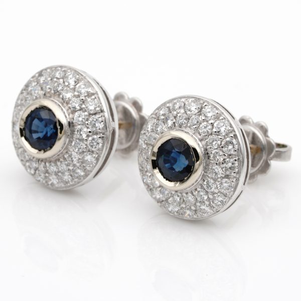 Vintage 1.10ct Natural Sapphire and 1.20ct Diamond Target Cluster Earrings in 18ct White Gold