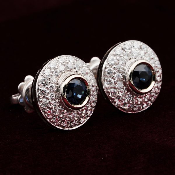 Vintage 1.10ct Natural Sapphire and 1.20ct Diamond Double Cluster Earrings