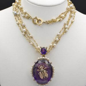 Victorian Antique Amethyst and Natural Pearl Pendant Necklace with Diamond Fly