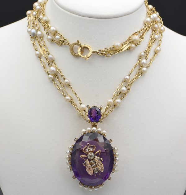 Victorian Antique Amethyst and Natural Pearl Pendant Necklace with Diamond Fly