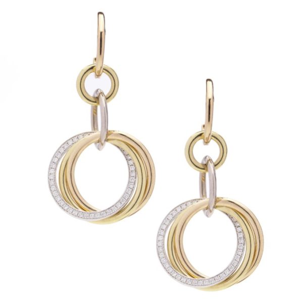 Vintage Cartier Tri Colour Gold and Diamond Hoop Drop Earrings, 18ct yellow rose and white gold trinity hoops decorated with diamonds. Circa 1980's. Comes in original Cartier box.
