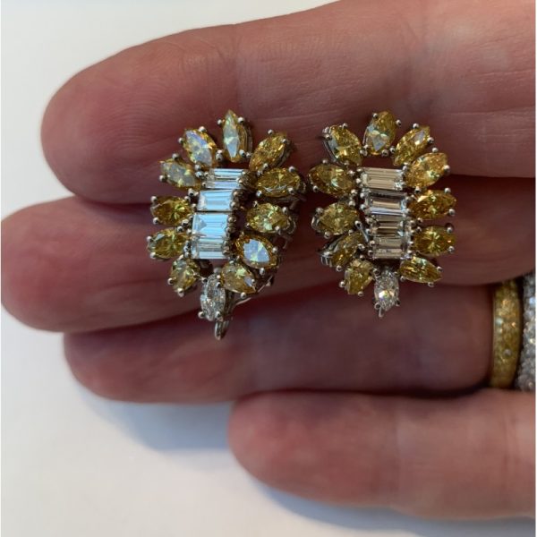 Vintage Marquise Yellow Diamond and Baguette White Diamond Cluster Clip Earrings
