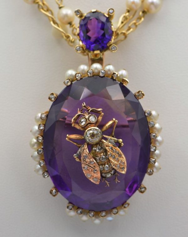Antique Siberian Amethyst and Natural Pearl Cluster and Diamond Fly Pendant Necklace
