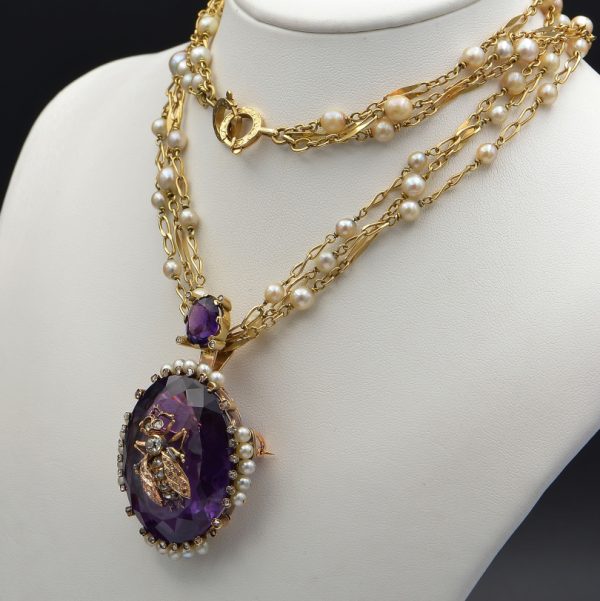 Victorian Antique Amethyst Natural Pearl and Diamond Fly Pendant Necklace