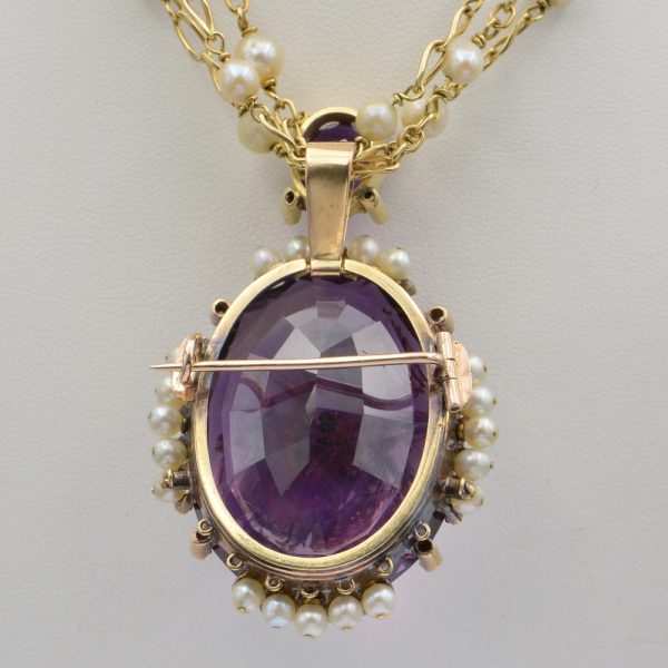 Antique Siberian Amethyst and Natural Pearl Cluster and Diamond Fly Pendant Necklace com Brooch