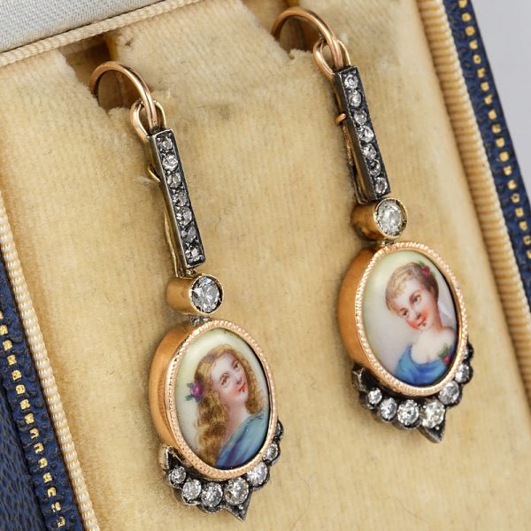 Victorian Antique Portrait Miniature and Diamond Drop Earrings