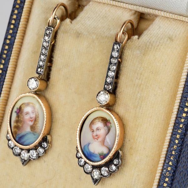 Victorian Antique Portrait Miniature and Old Mine Cut Diamond Drop Earrings, 1.40 carat total