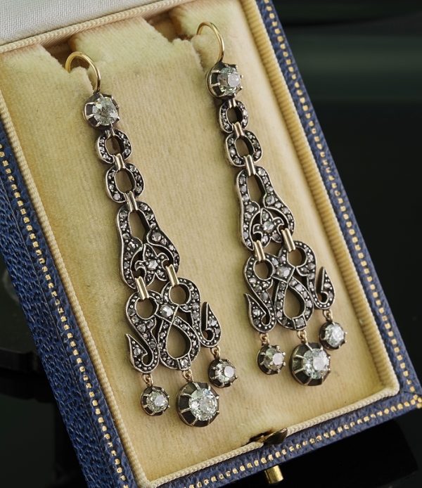 Georgian Antique 4.50ct Old Mine Cut and Rose Cut Diamond Chandelier Earrings