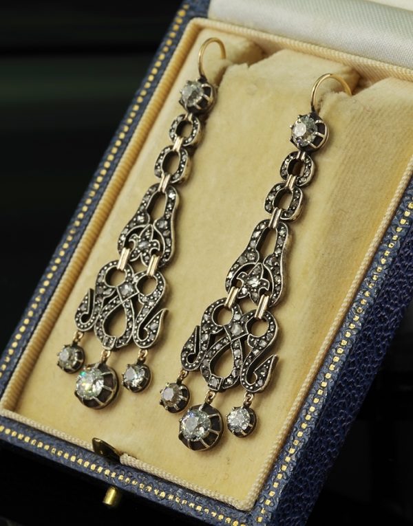 Georgian Antique Old Mine Cut and Rose Cut Diamond Chandelier Earrings, 4.50 carat total