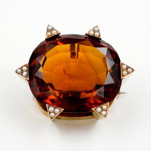 Late Art Deco 79ct Untreated Madeira Citrine and Natural Pearl Cluster Pendant-come-Brooch