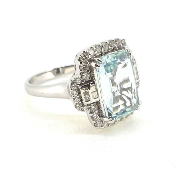 Aquamarine and Diamond Cluster Dress Ring with Princess Cut Diamond Shoulders
