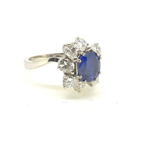 Certified 2ct Natural No Heat Sapphire and 3ct Pear Diamond Cluster Dress Ring in 18ct White Gold