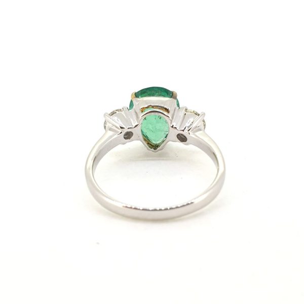 2.15ct Pear Cut Emerald and Diamond Three Stone Engagement Ring