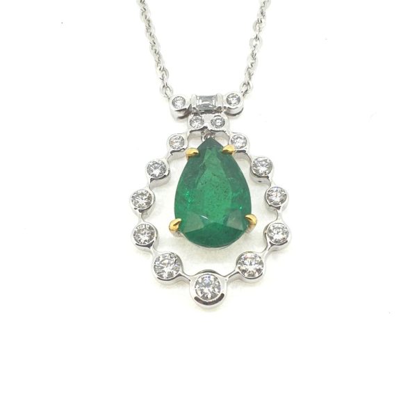4.85ct Pear Cut Emerald and Diamond Cluster Pendant with Chain