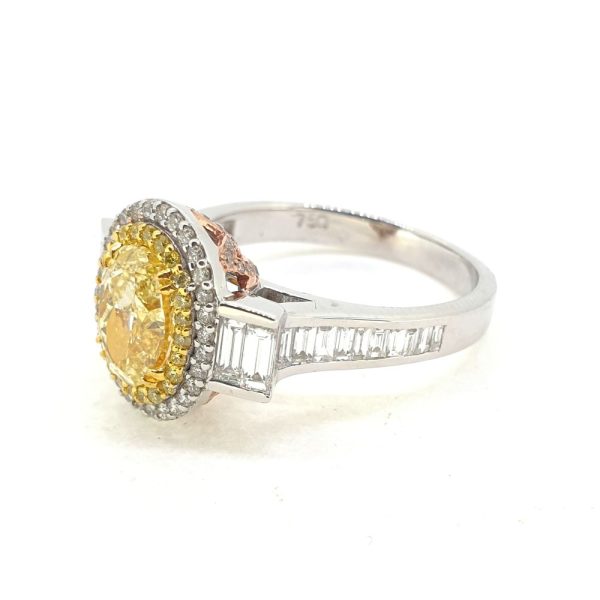 1.50ct Oval Fancy Yellow Diamond Cluster Ring with Baguette Diamond Shoulders