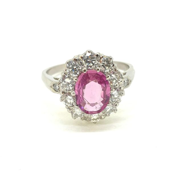 1.15ct Oval Pink Sapphire and Diamond Cluster Engagement Ring in Platinum