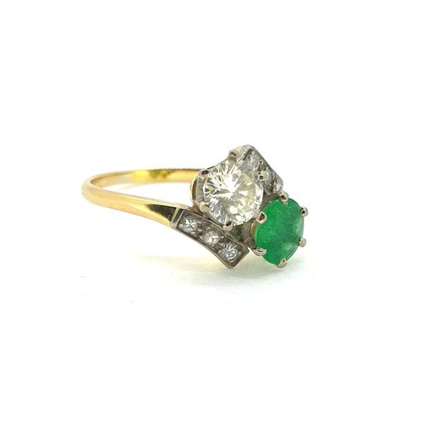 Vintage Emerald and Diamond Toi et Moi Two Stone Crossover Engagement Ring
