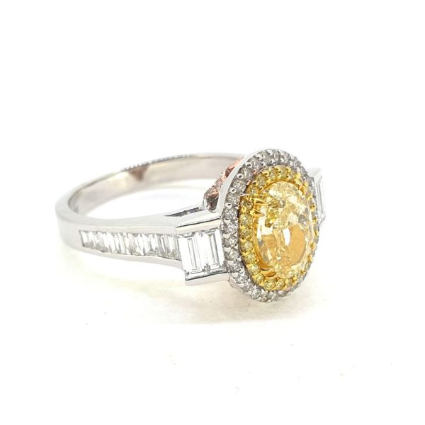1.50ct Oval Fancy Yellow Diamond Cluster Ring with Baguette Diamond Shoulders