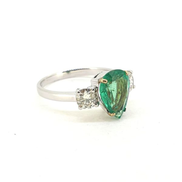 2.15ct Pear Cut Emerald and Diamond Trilogy Engagement Ring in 18ct White Gold