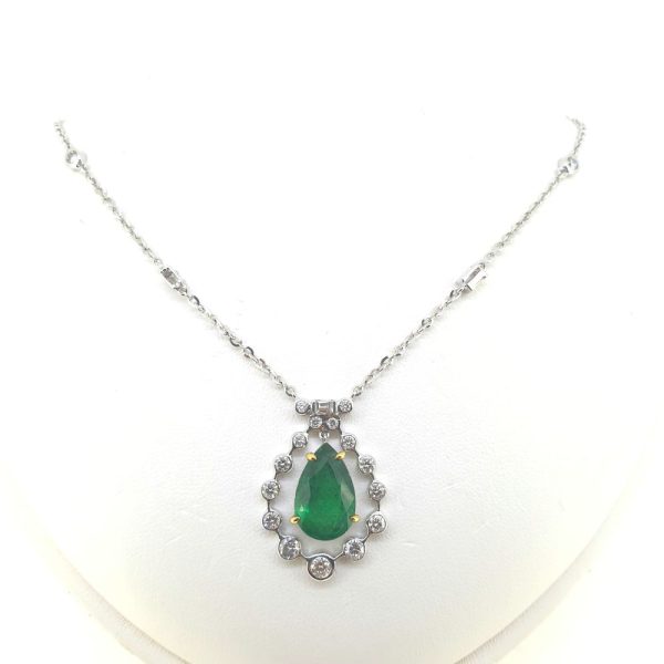 4.85ct Pear Cut Emerald and Diamond Cluster Pendant with Chain