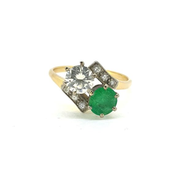 Vintage Emerald and Diamond Toi et Moi Two Stone Crossover Engagement Ring