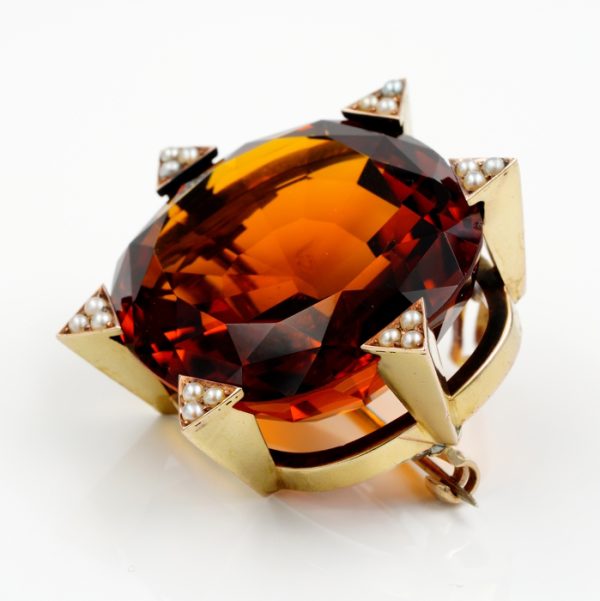 Vintage Large 79ct Untreated Madeira Citrine and Natural Pearl Cluster Pendant-come-Brooch
