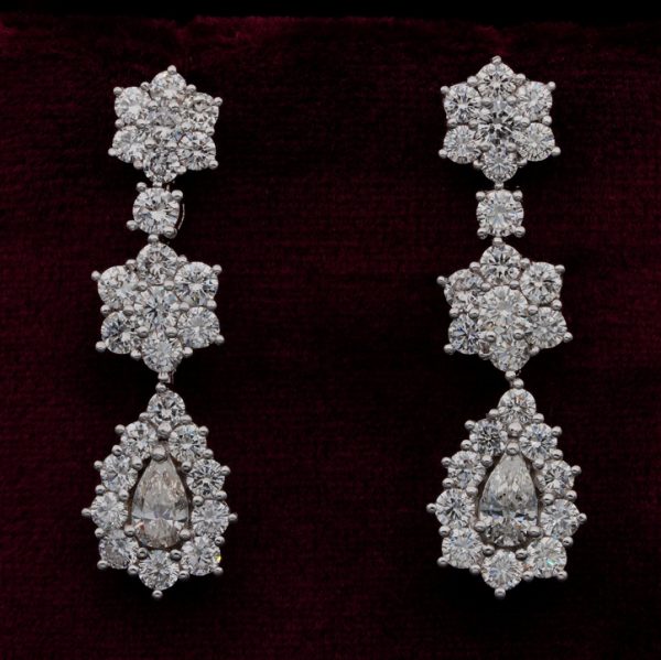 Vintage Pear and Brilliant Cut Diamond Cluster Drop Earrings, 4.90 carat total