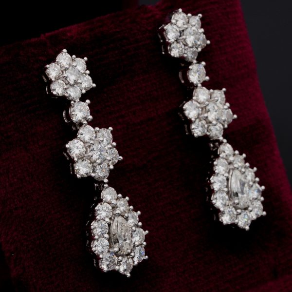 Vintage Pear and Brilliant Cut Diamond Cluster Drop Earrings, 4.90 carats