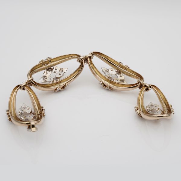 Vintage 1940s Retro Gold Oval Omega Link Bracelet with Diamonds, 4 carats