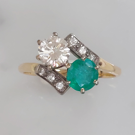 Vintage Emerald and Diamond Toi et Moi Crossover Ring