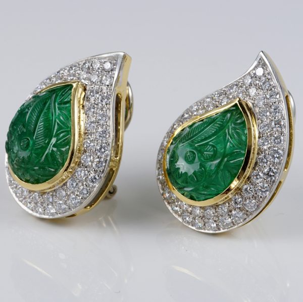 Vintage 22cts Carved Mughal Emerald and Diamond Cluster Clip On Earrings