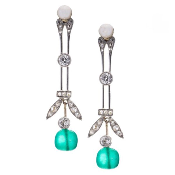 Edwardian Antique Emerald Pearl Diamond Drop Earrings, set with 1.70cts old European and rose-cut diamonds with emerald bead drops and pearls stud tops in platinum and 14ct yellow gold. Circa 1910s