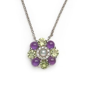 Amethyst Pearl and Diamond Cluster Pendant Necklace