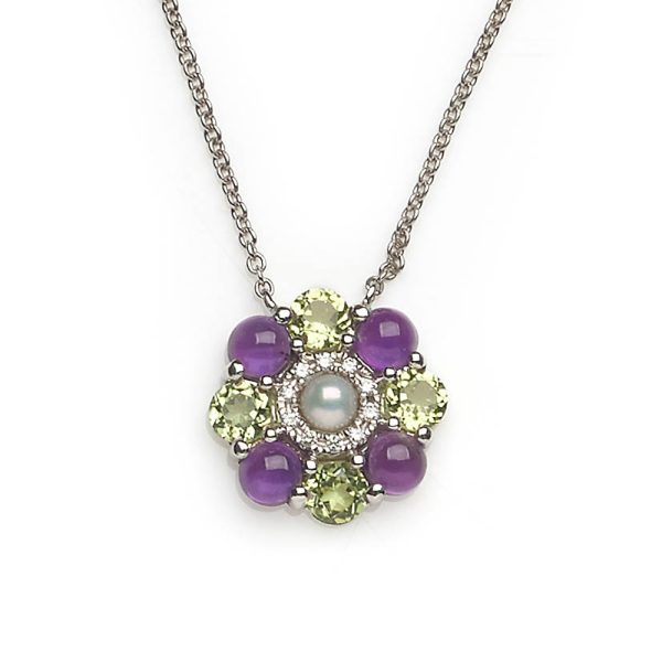 Amethyst Pearl and Diamond Cluster Pendant Necklace