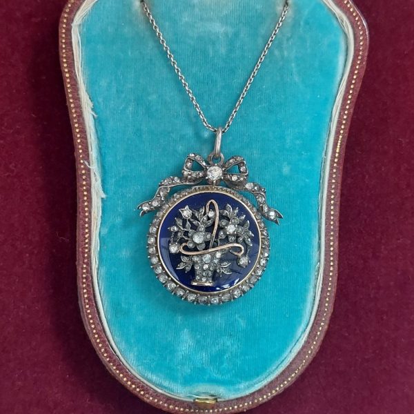 Antique Victorian Diamond and Bristol Glass Pendant Necklace