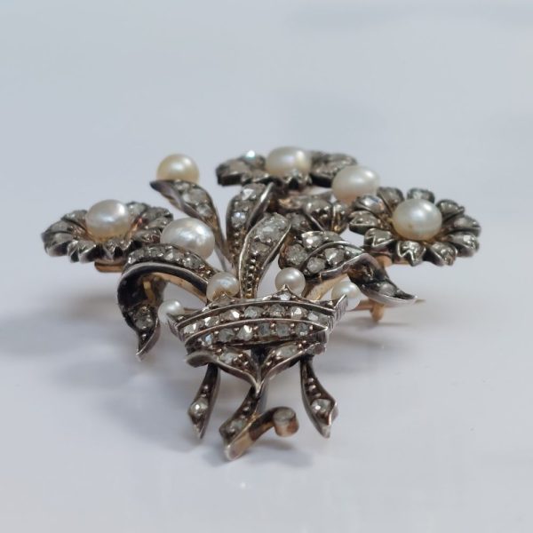 Antique Victorian Diamond and Pearl Floral Brooch