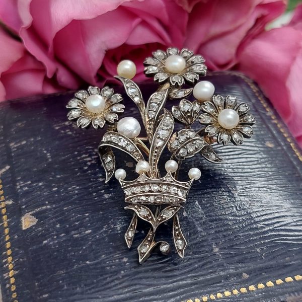Antique Victorian Diamond and Pearl Floral Brooch