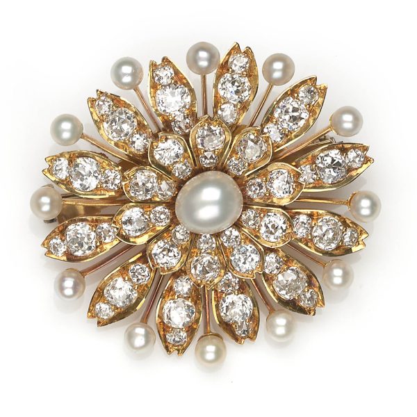 Antique Victorian Floral Pearl and Diamond Pendant Brooch
