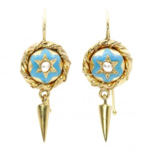 Victorian Antique Gold Drop Earrings with Blue Enamel and Pearls