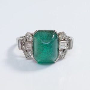 Art Deco Antique 4.10ct Sugarloaf Emerald and Diamond Ring
