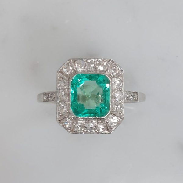 Art Deco Emerald and Diamond Square Engagement Ring