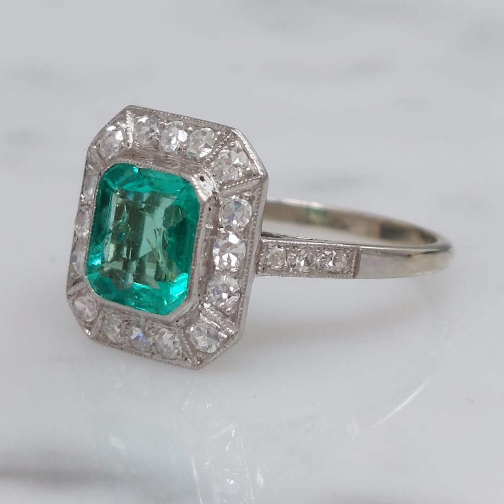 Art Deco Emerald and Diamond Sqaure Cluster Engagement Ring