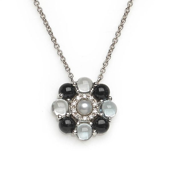Onyx Pearl and Diamond Cluster Pendant Necklace