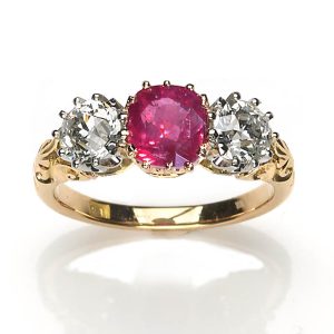 Ruby and Old Cut Diamond Three Stone Ring