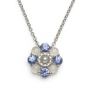 Sapphire Moonstone and Diamond Cluster Pendant Necklace