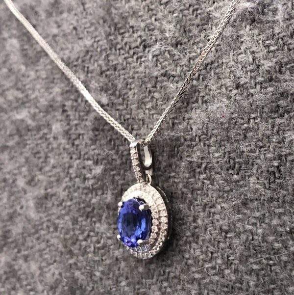 Oval Tanzanite and Diamond Double Cluster Pendant in 14ct White Gold