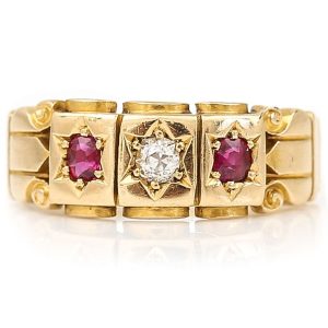 Victorian Antique Ruby and Diamond Three Stone Gypsy Ring