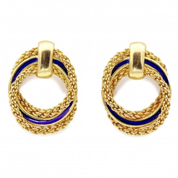 Vintage Retro Gold Hoop Drop Earrings with Blue Enamel