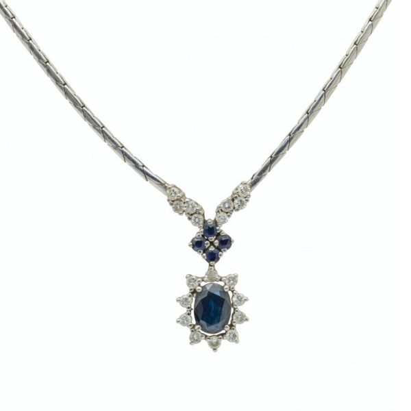 Vintage 1970s Sapphire and Diamond Cluster Pendant Necklace in 14ct White Gold