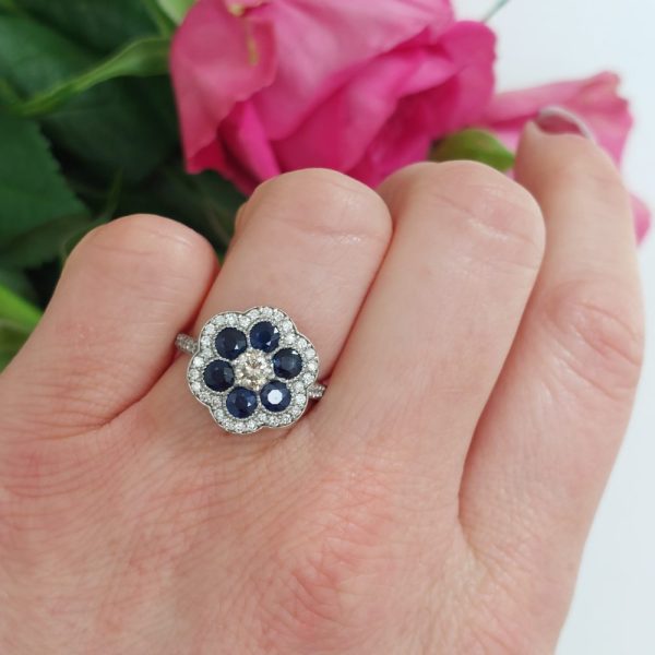 Vintage Sapphire and Diamond Floral Cluster Ring